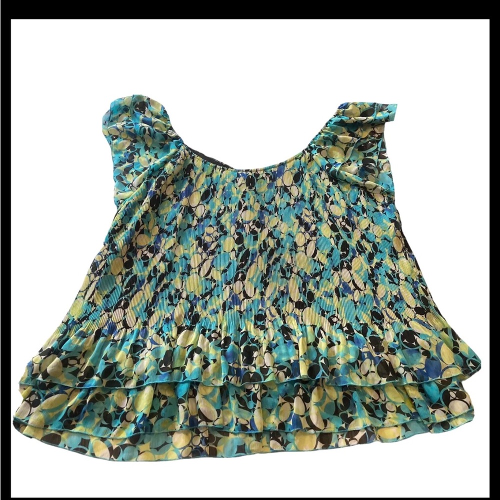 Dressbarn Womens Green Printed Chiffon Pleated Ruffled Blouse Top Size 3X
